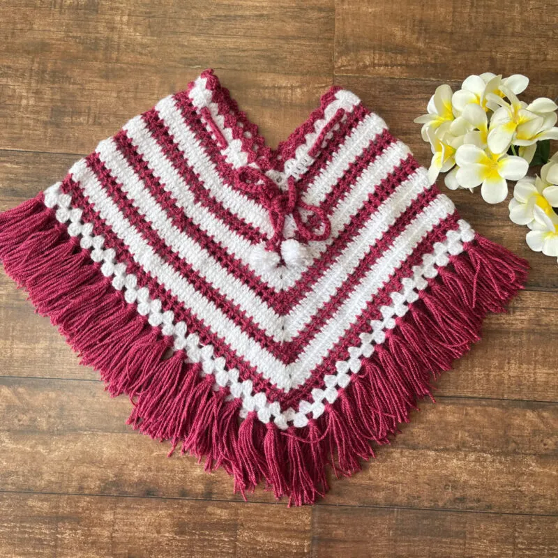 Burgundy & White Hand-Knitted Soft Woollen Poncho For Girls