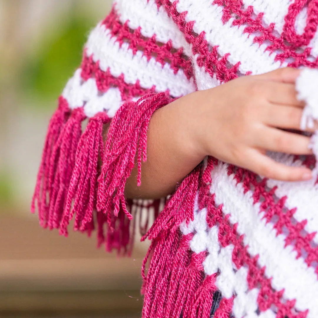 Burgundy & White Hand-Knitted Soft Woollen Poncho For Girls