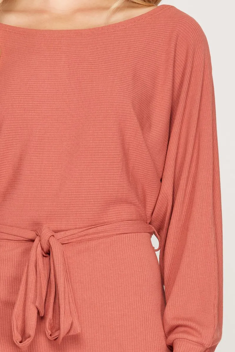 CINNAMON RIB KNIT DOLMAN LONG SLEEVES SASH WAIST MINI DRESS SS6213