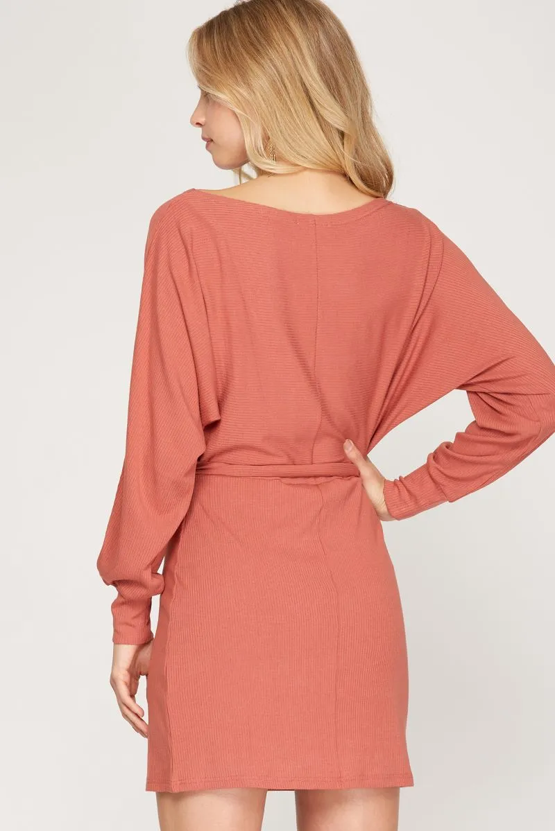 CINNAMON RIB KNIT DOLMAN LONG SLEEVES SASH WAIST MINI DRESS SS6213