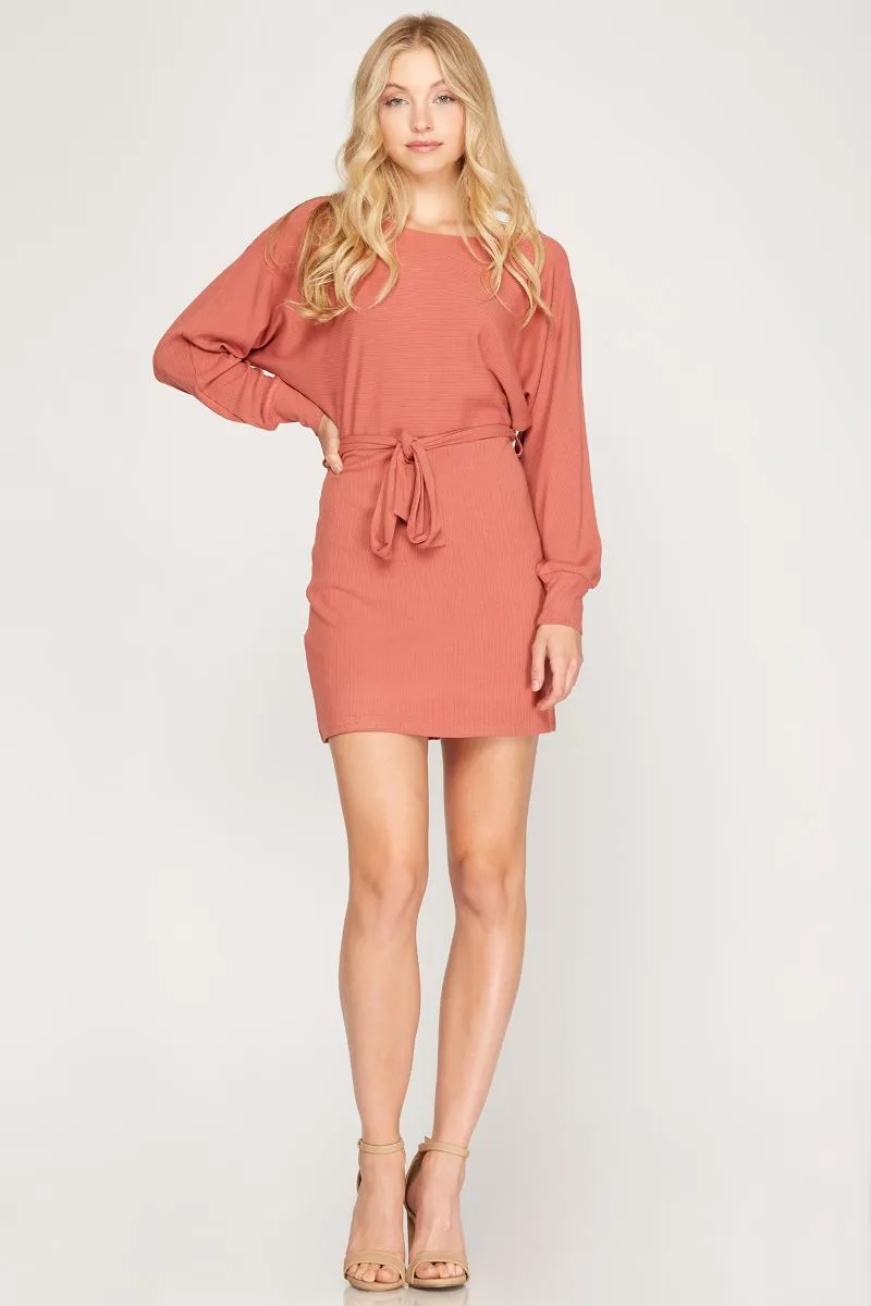 CINNAMON RIB KNIT DOLMAN LONG SLEEVES SASH WAIST MINI DRESS SS6213