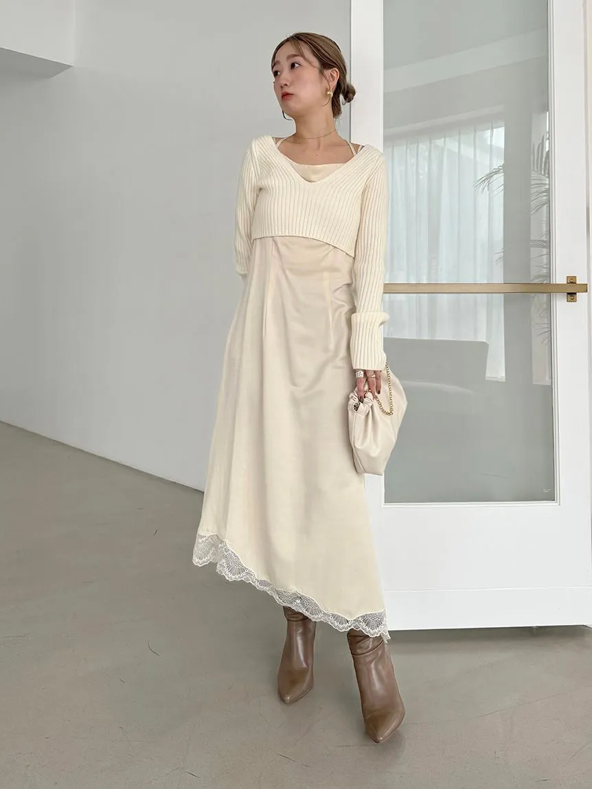 Cropped Knit & Lace-Trimmed Midi Dress