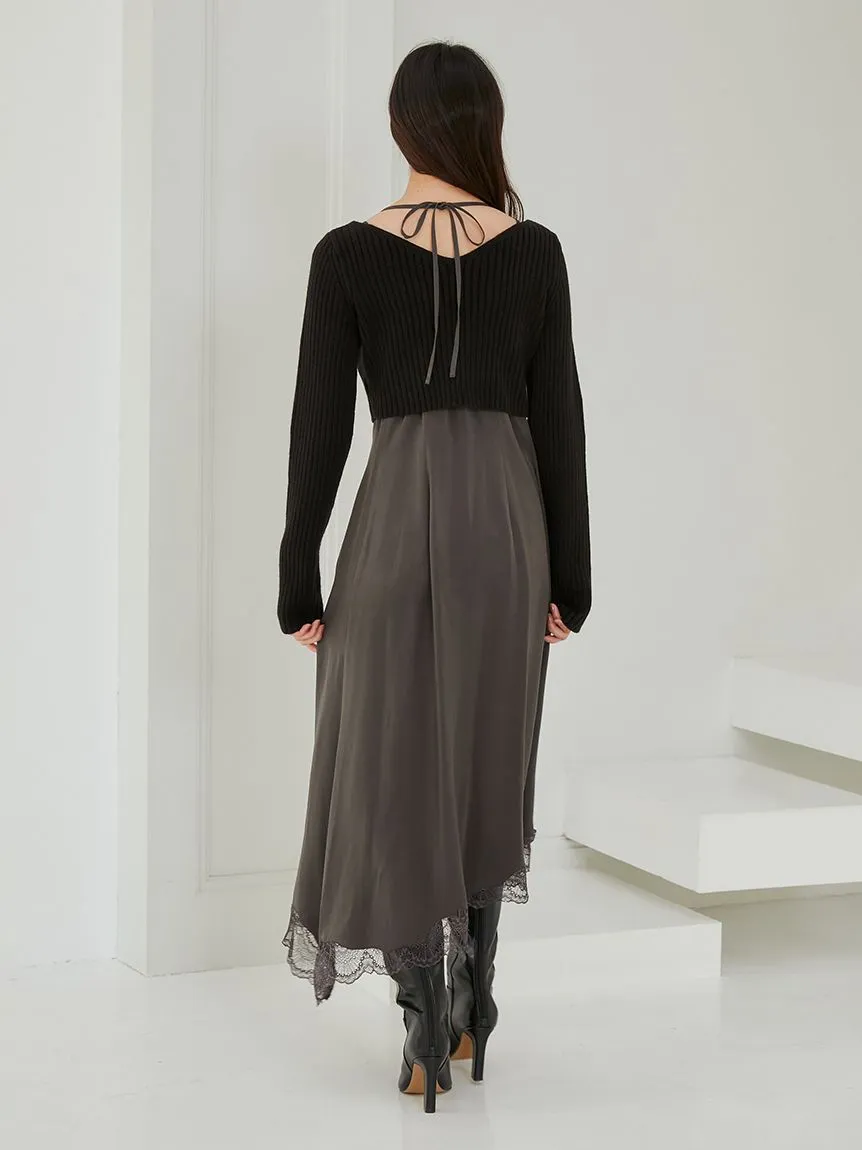 Cropped Knit & Lace-Trimmed Midi Dress