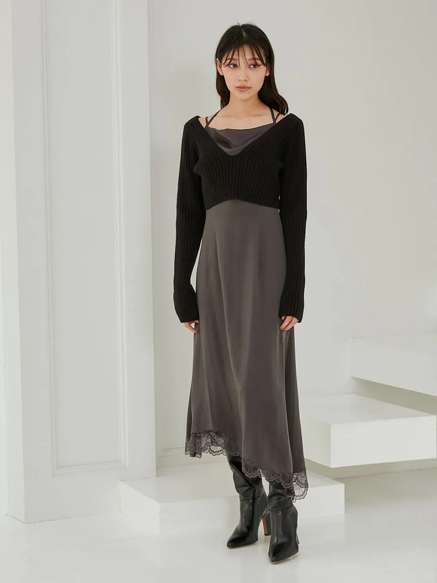 Cropped Knit & Lace-Trimmed Midi Dress