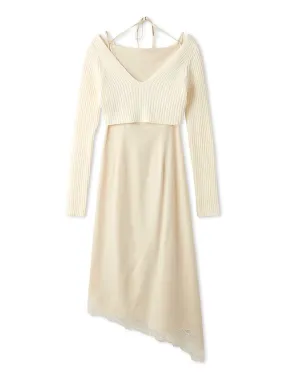Cropped Knit & Lace-Trimmed Midi Dress