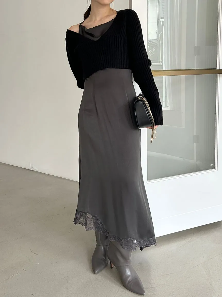 Cropped Knit & Lace-Trimmed Midi Dress