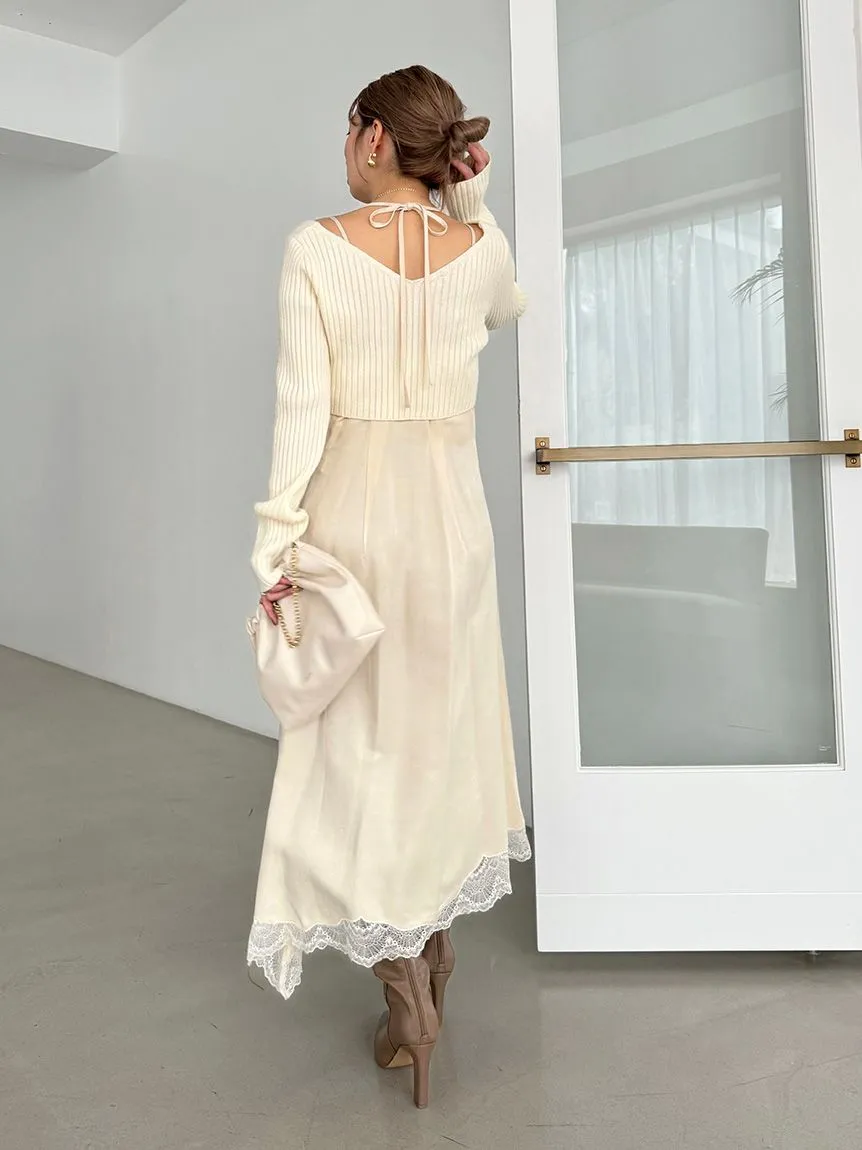 Cropped Knit & Lace-Trimmed Midi Dress