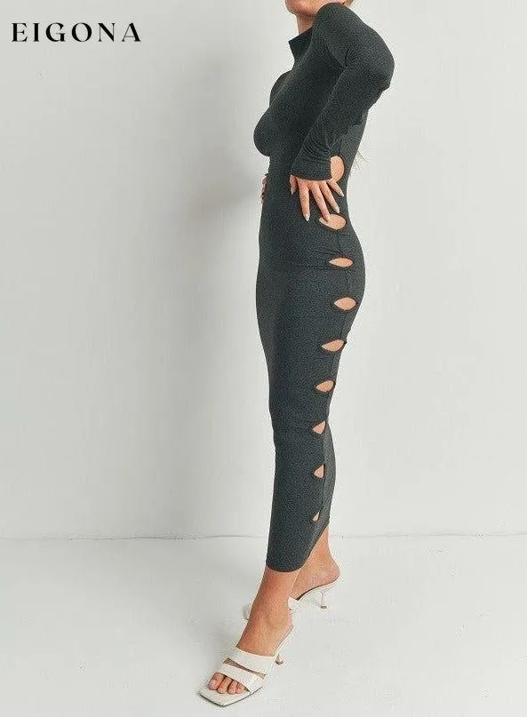 Cutout Detail Turtleneck Long Sleeve Maxi Dress