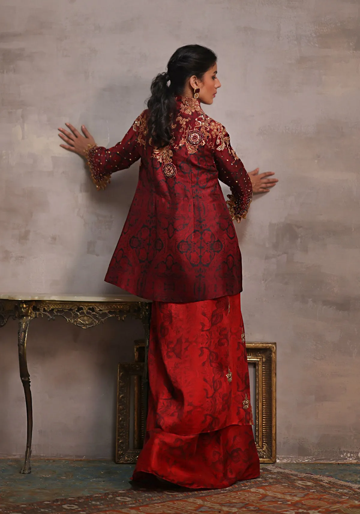 Dark Maroon Seesha Silk Printed Jacket