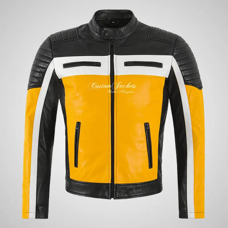 DE LUCA Leather Biker Jacket For Mens Yellow/Black Moto Jacket