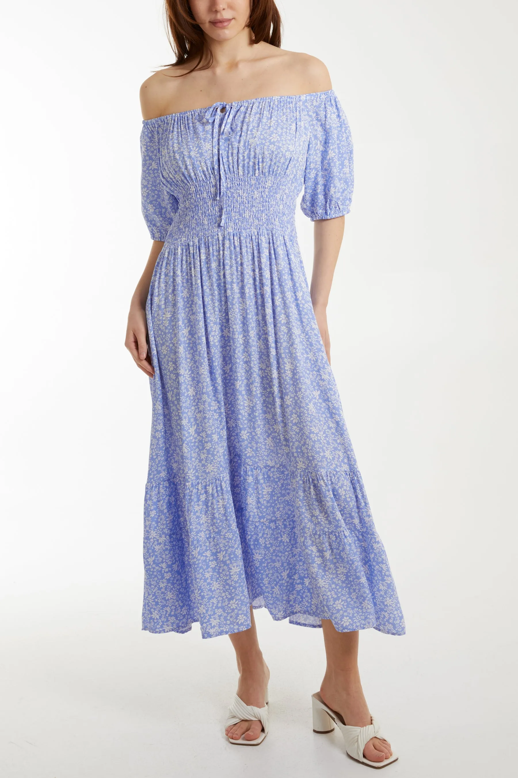 Ditsy Floral Bardot Shirred Maxi Dress