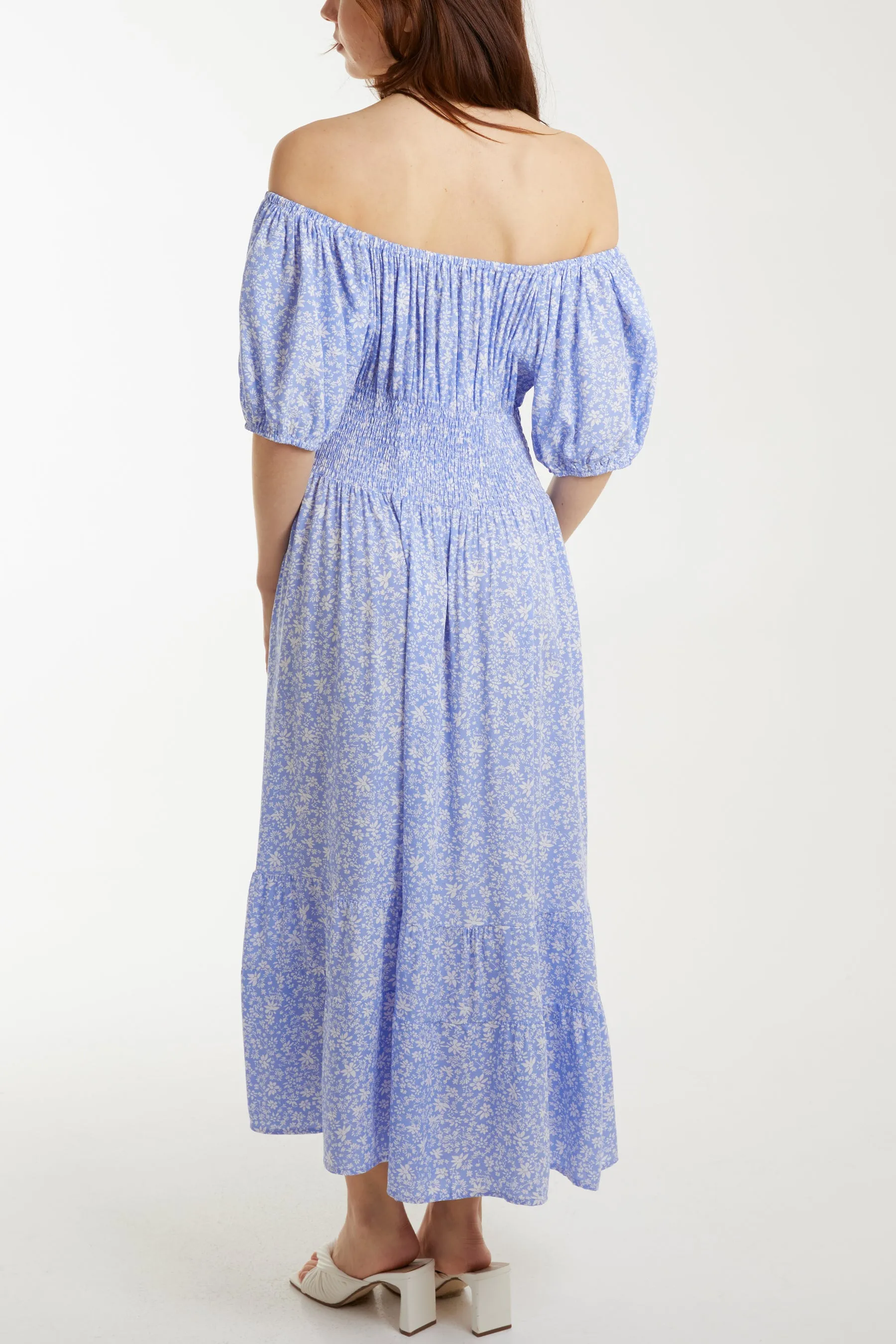Ditsy Floral Bardot Shirred Maxi Dress