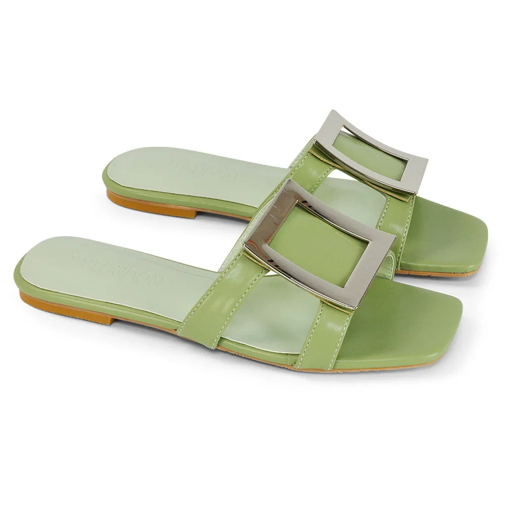Dulce Cut Out Buckle Detail Strappy Square Toe Flat Slip on Sandal in Yellow