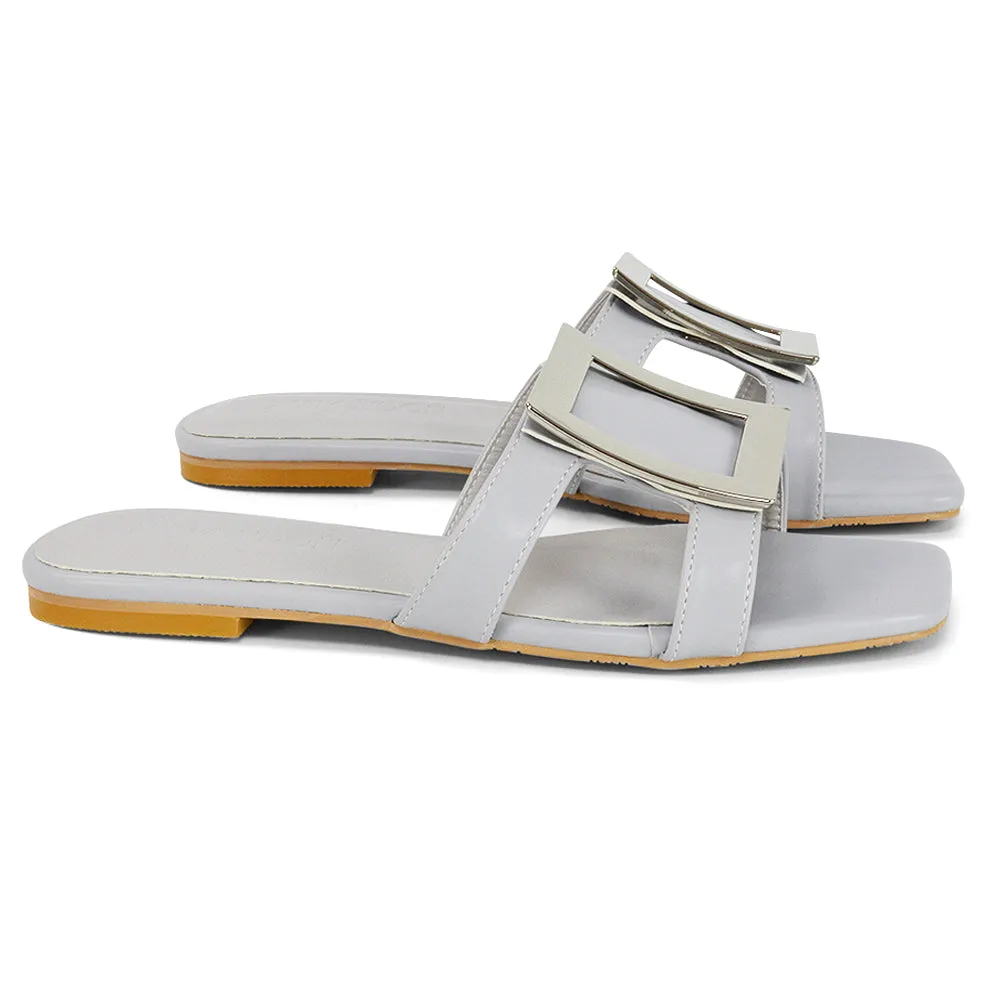 Dulce Cut Out Buckle Detail Strappy Square Toe Flat Slip on Sandal in Yellow