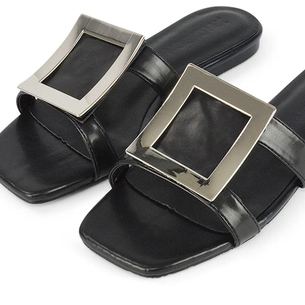 Dulce Cut Out Buckle Detail Strappy Square Toe Flat Slip on Sandal in Yellow