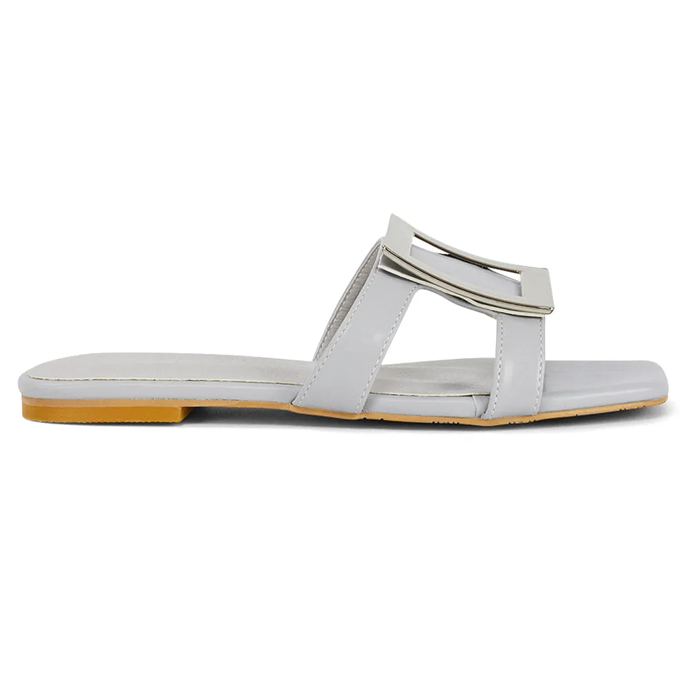 Dulce Cut Out Buckle Detail Strappy Square Toe Flat Slip on Sandal in Yellow