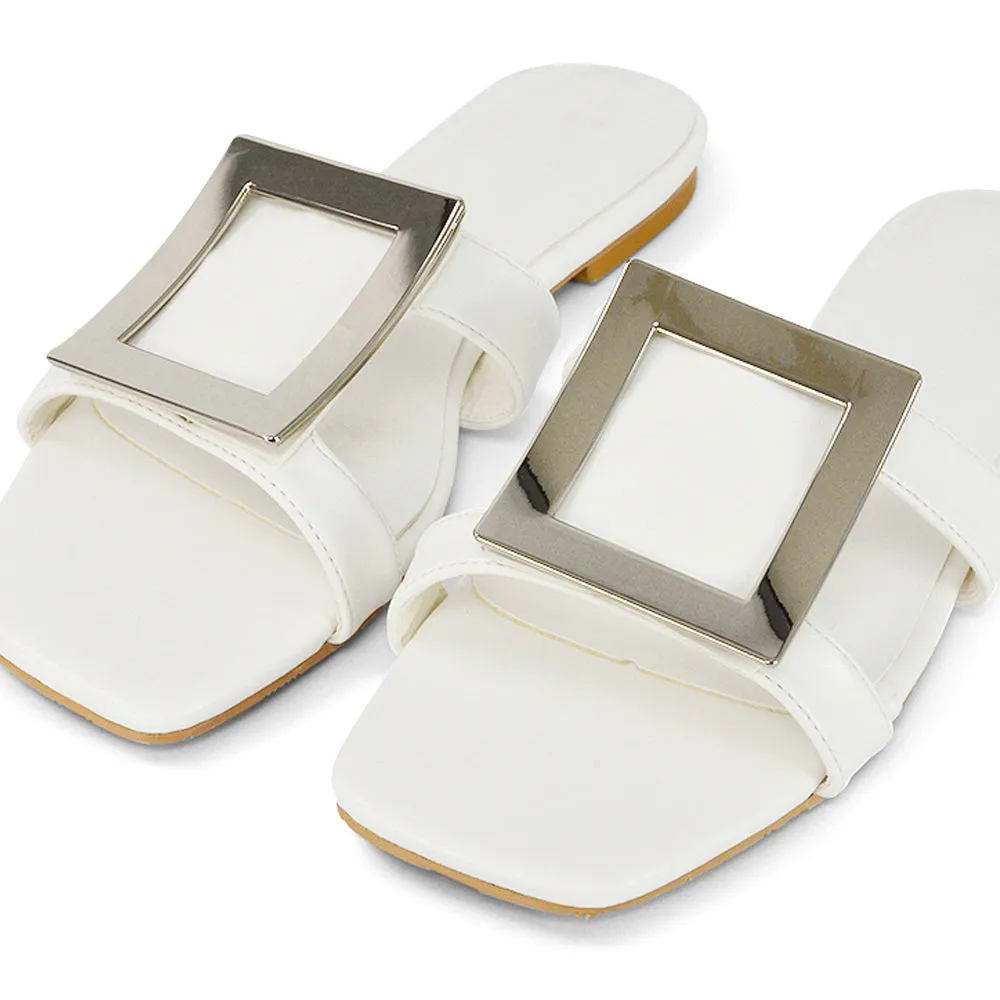 Dulce Cut Out Buckle Detail Strappy Square Toe Flat Slip on Sandal in Yellow
