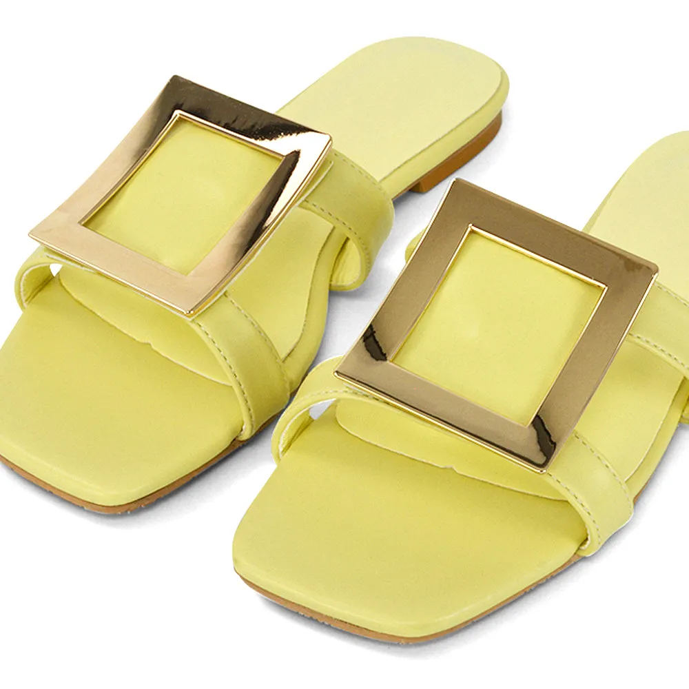 Dulce Cut Out Buckle Detail Strappy Square Toe Flat Slip on Sandal in Yellow