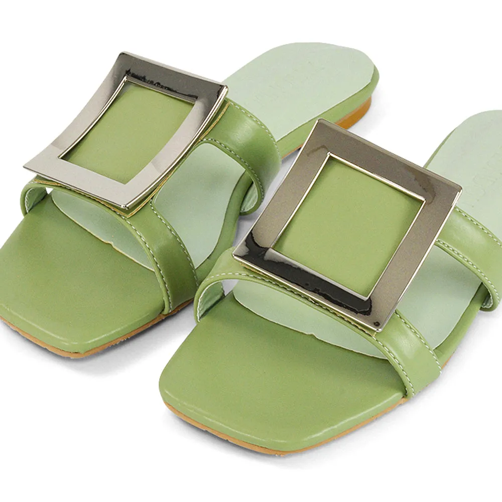 Dulce Cut Out Buckle Detail Strappy Square Toe Flat Slip on Sandal in Yellow