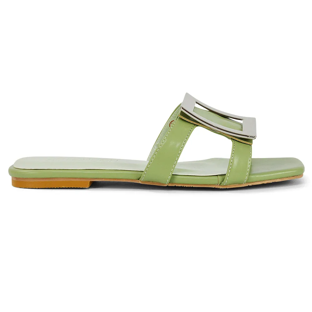 Dulce Cut Out Buckle Detail Strappy Square Toe Flat Slip on Sandal in Yellow