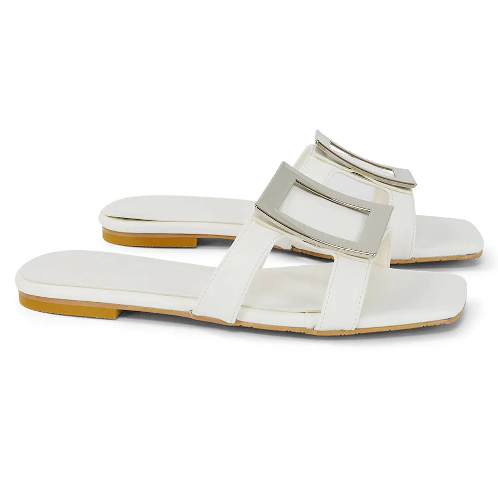 Dulce Cut Out Buckle Detail Strappy Square Toe Flat Slip on Sandal in Yellow