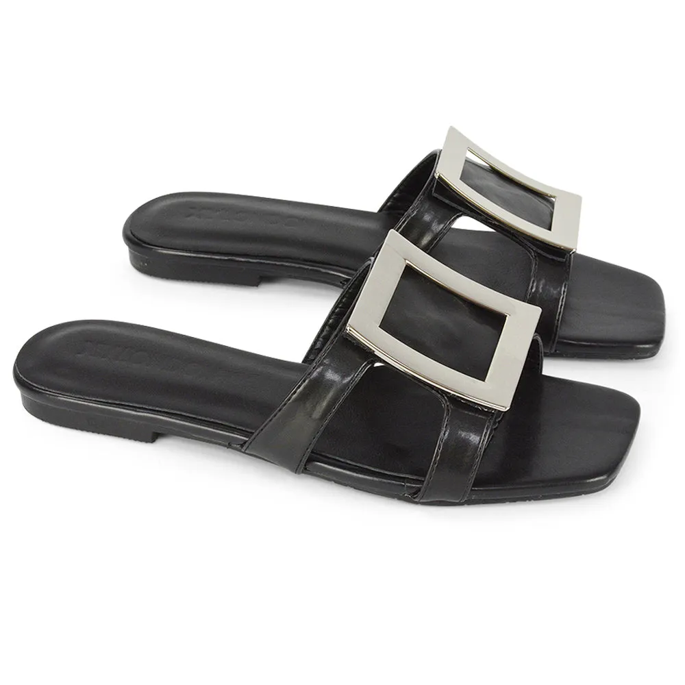 Dulce Cut Out Buckle Detail Strappy Square Toe Flat Slip on Sandal in Yellow