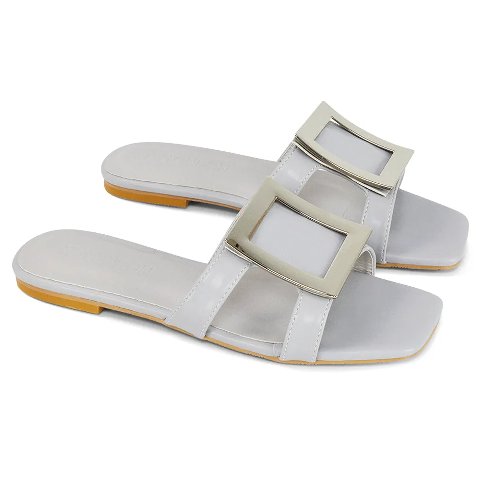 Dulce Cut Out Buckle Detail Strappy Square Toe Flat Slip on Sandal in Yellow