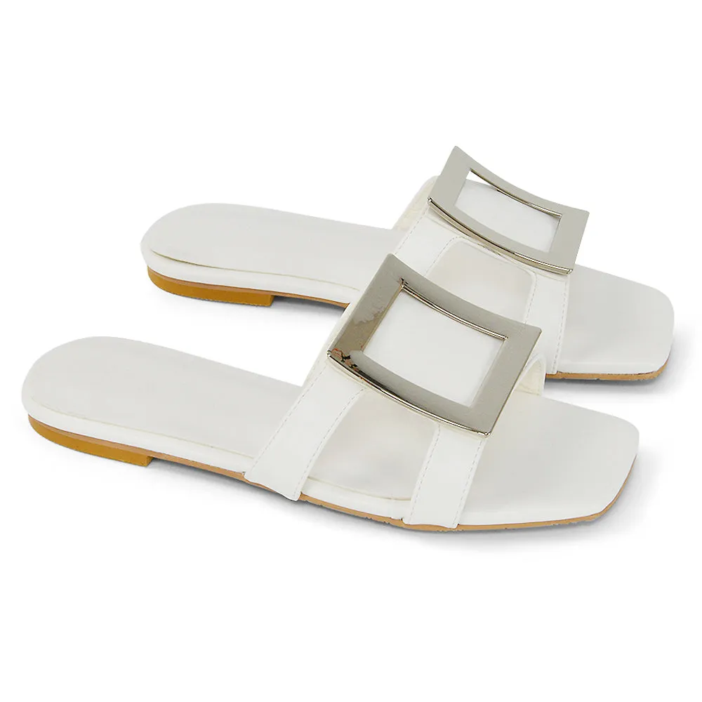 Dulce Cut Out Buckle Detail Strappy Square Toe Flat Slip on Sandal in Yellow