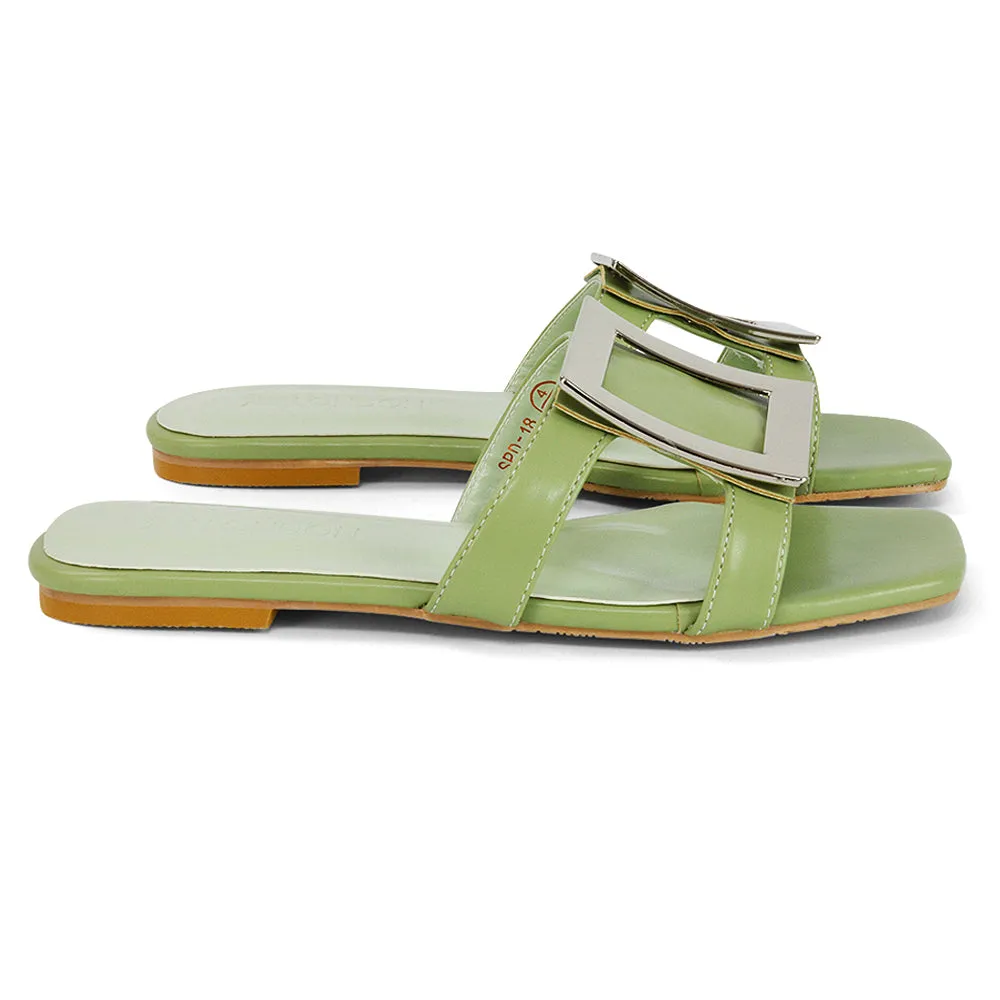 Dulce Cut Out Buckle Detail Strappy Square Toe Flat Slip on Sandal in Yellow