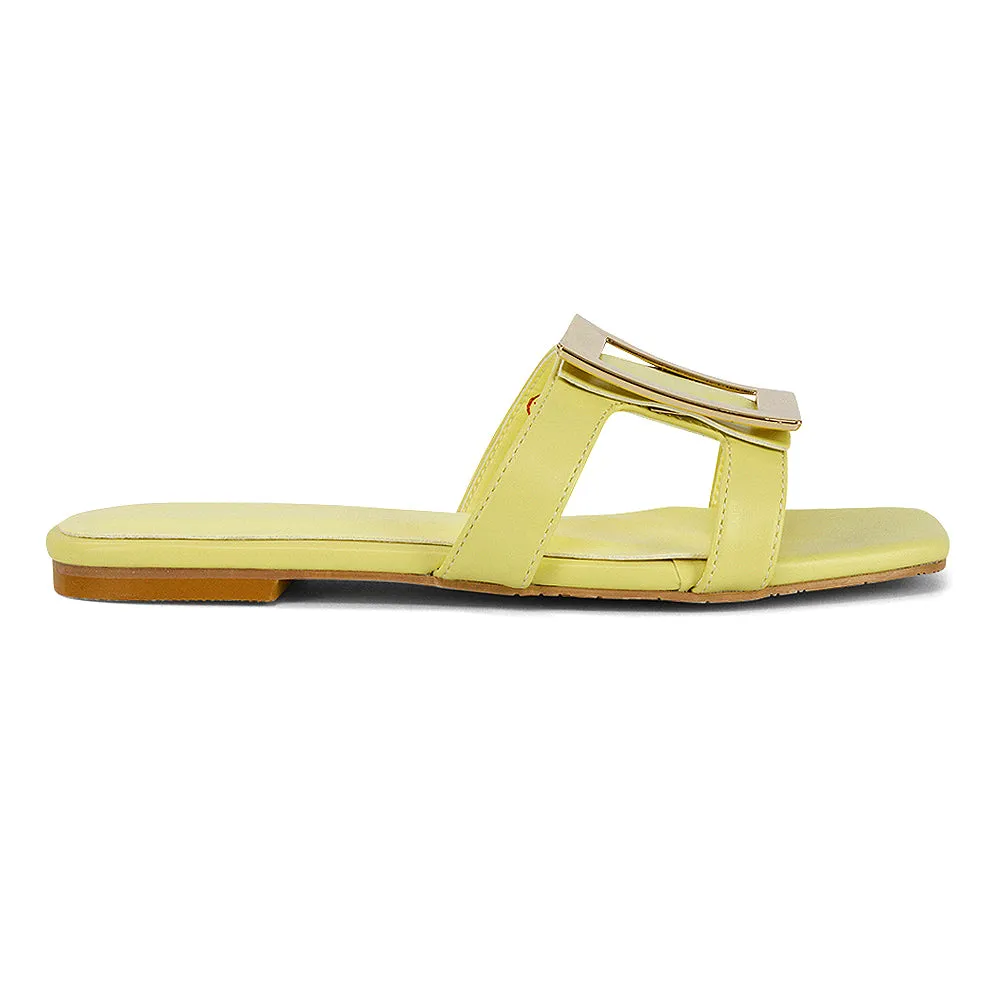 Dulce Cut Out Buckle Detail Strappy Square Toe Flat Slip on Sandal in Yellow