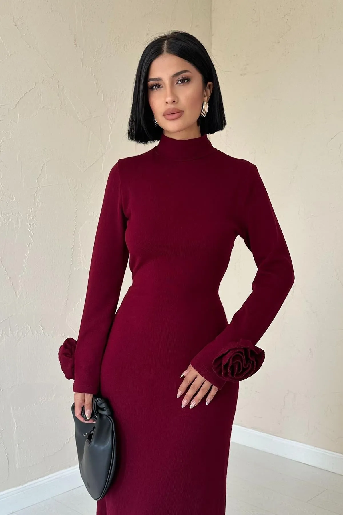 ELS Sleeves Rose Knit Dress - Burgundy - Izmail