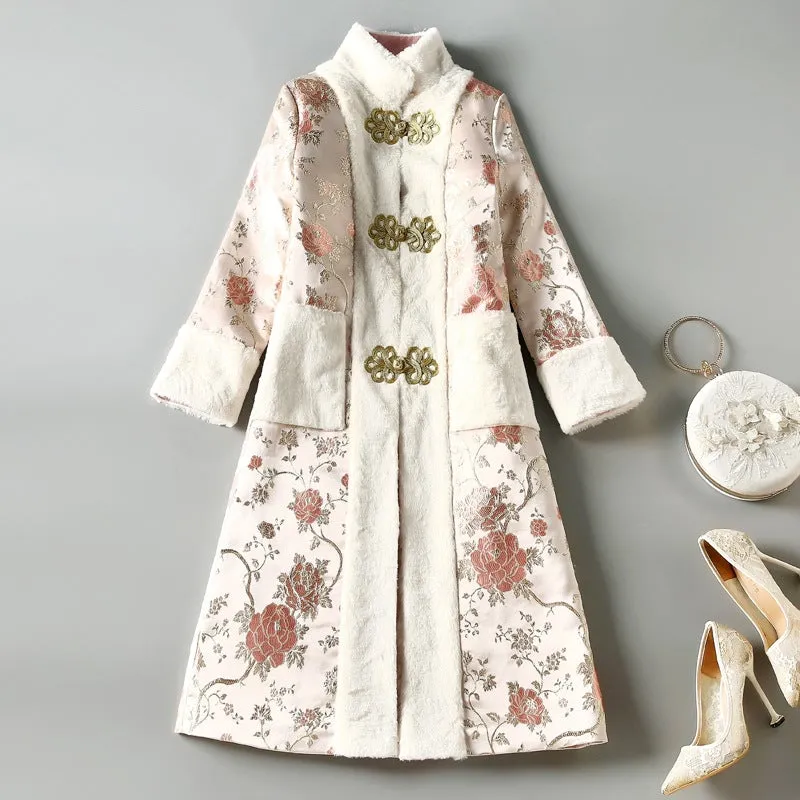 Floral Brocade Fur Edge Chinese Style Knee Length Wind Coat