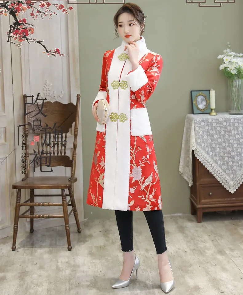Floral Brocade Fur Edge Chinese Style Knee Length Wind Coat