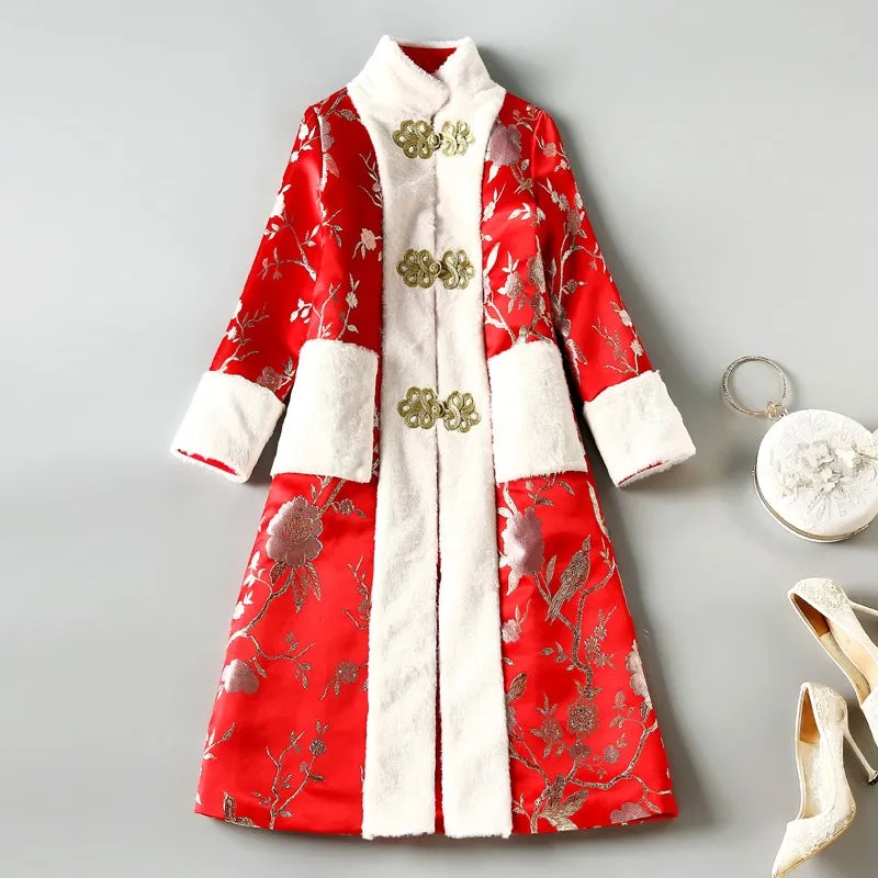Floral Brocade Fur Edge Chinese Style Knee Length Wind Coat