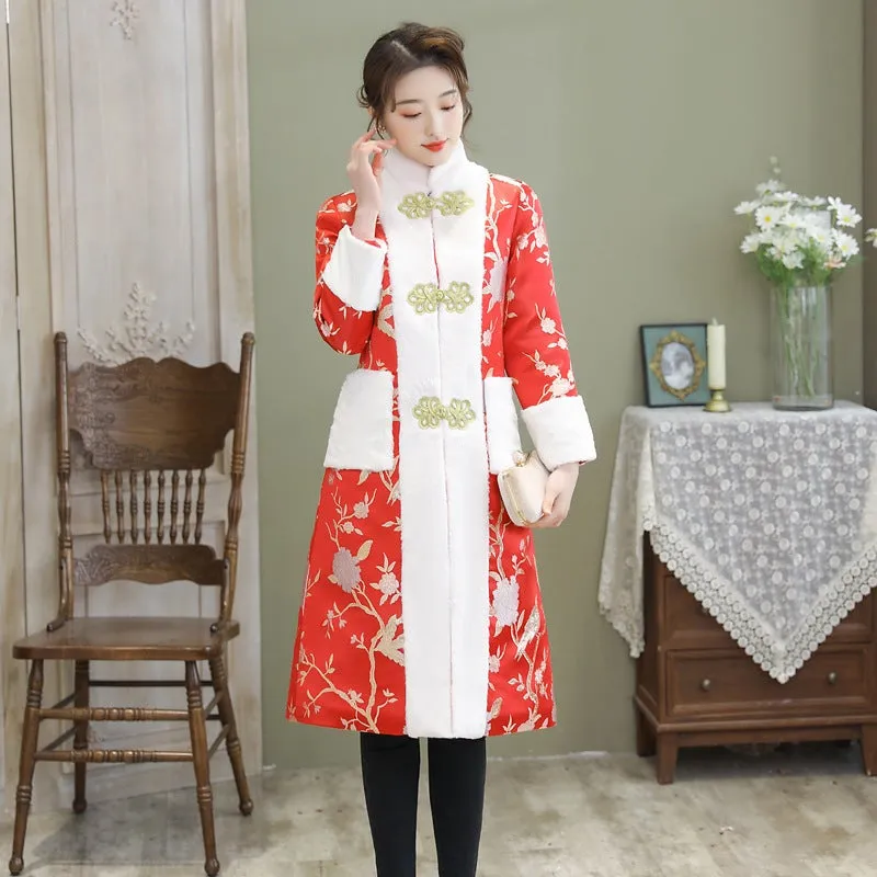 Floral Brocade Fur Edge Chinese Style Knee Length Wind Coat