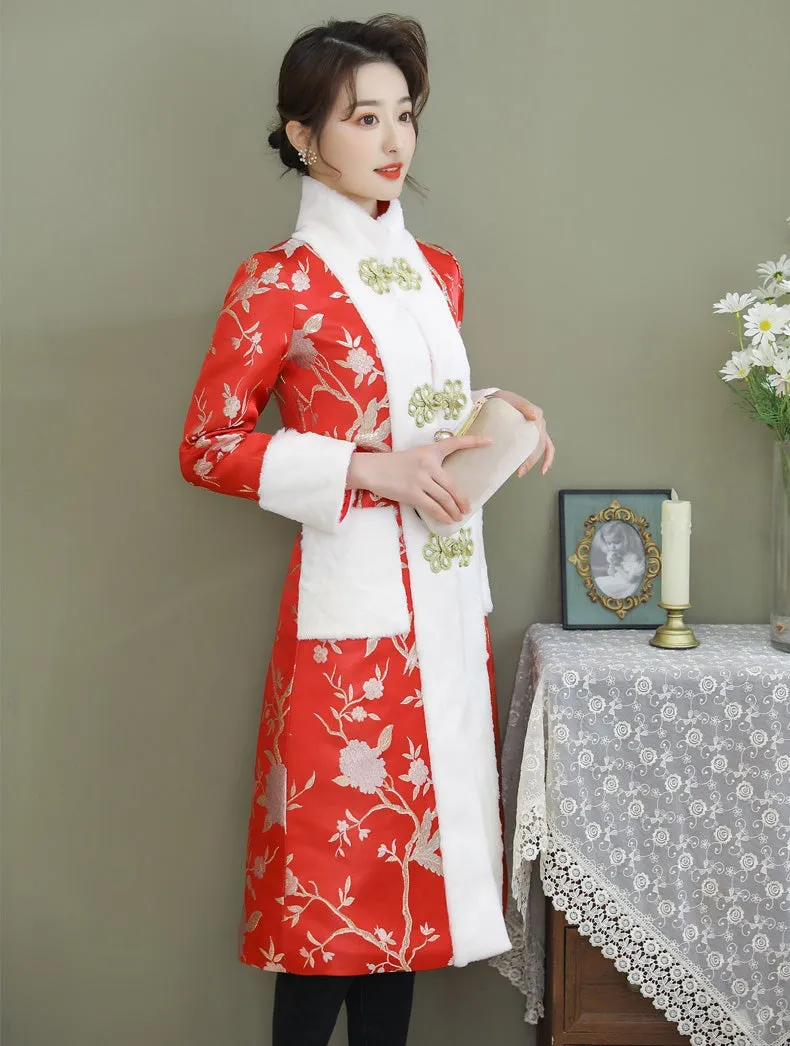 Floral Brocade Fur Edge Chinese Style Knee Length Wind Coat
