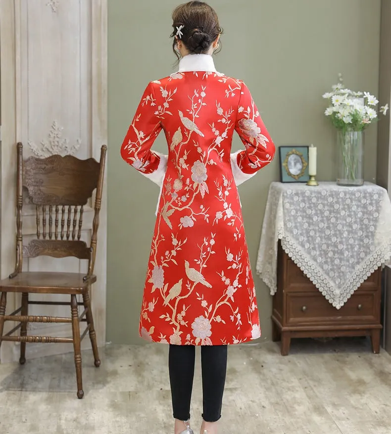 Floral Brocade Fur Edge Chinese Style Knee Length Wind Coat