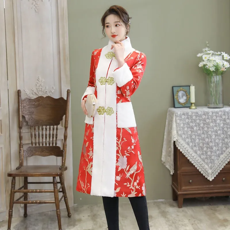 Floral Brocade Fur Edge Chinese Style Knee Length Wind Coat