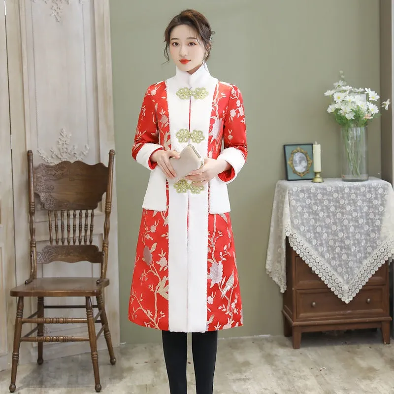 Floral Brocade Fur Edge Chinese Style Knee Length Wind Coat