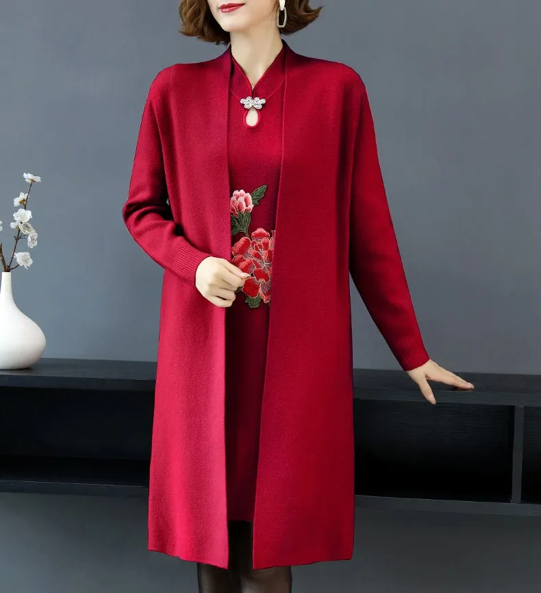 Floral Embroidery Chinese Style Knit Cheongsam & Coat Two-piece Suit
