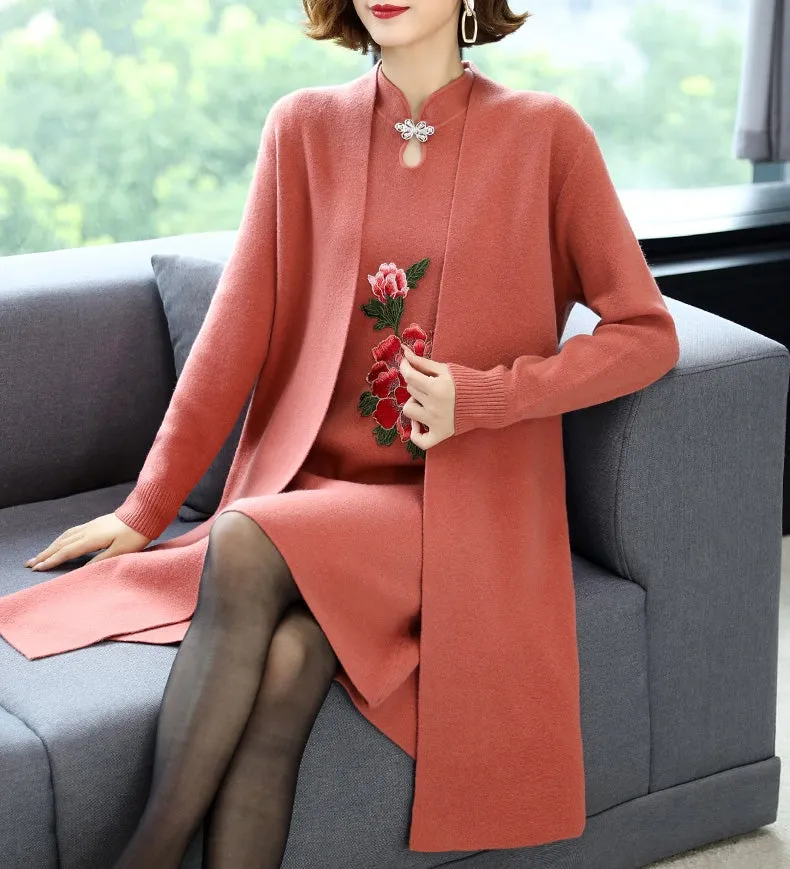 Floral Embroidery Chinese Style Knit Cheongsam & Coat Two-piece Suit