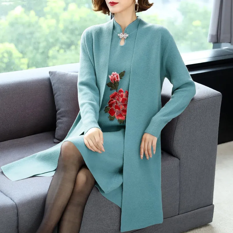 Floral Embroidery Chinese Style Knit Cheongsam & Coat Two-piece Suit