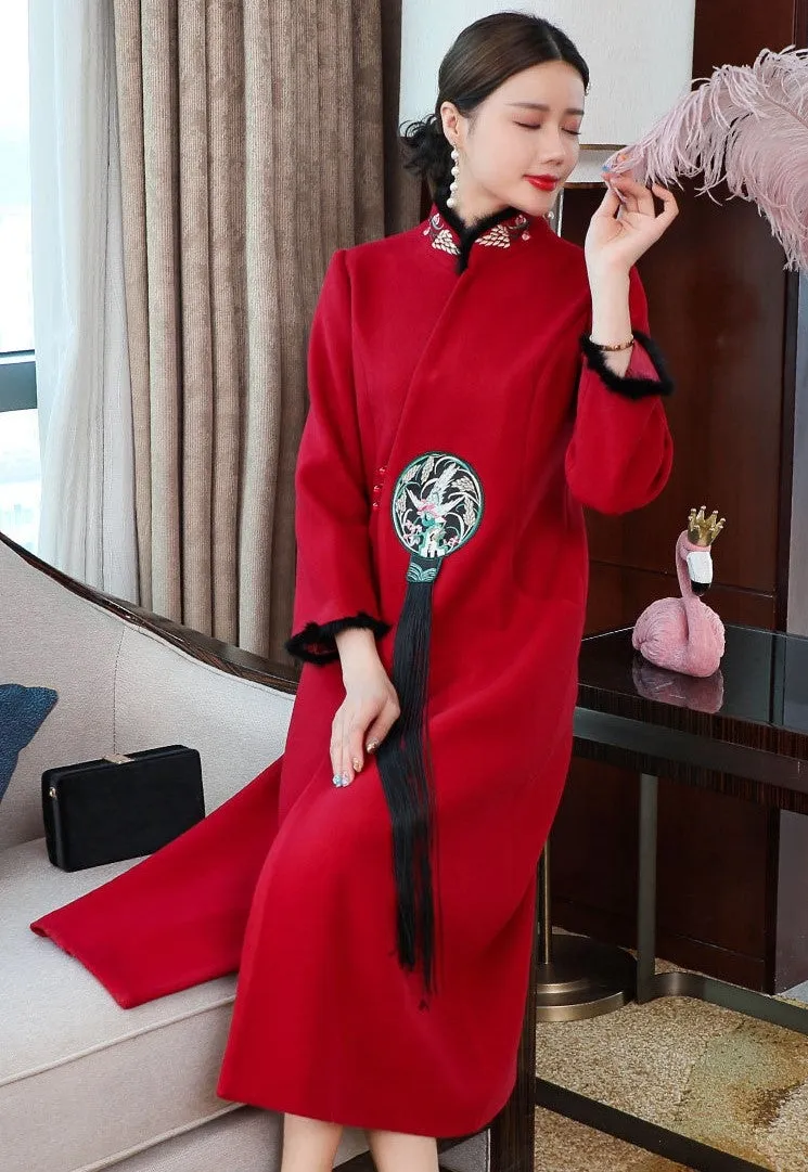 Floral Embroidery Fur Edge Chinese Style Long Woolen Wind Coat