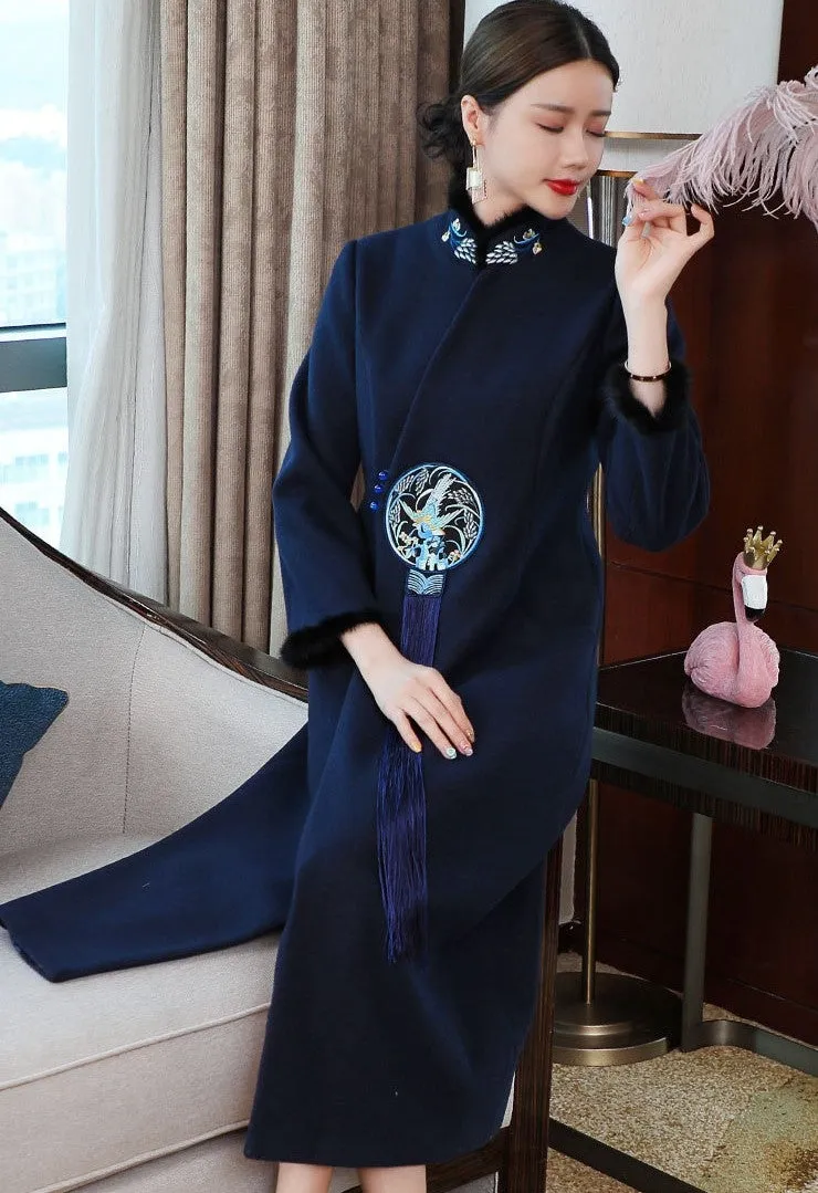 Floral Embroidery Fur Edge Chinese Style Long Woolen Wind Coat