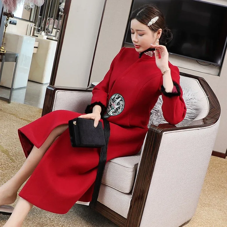 Floral Embroidery Fur Edge Chinese Style Long Woolen Wind Coat