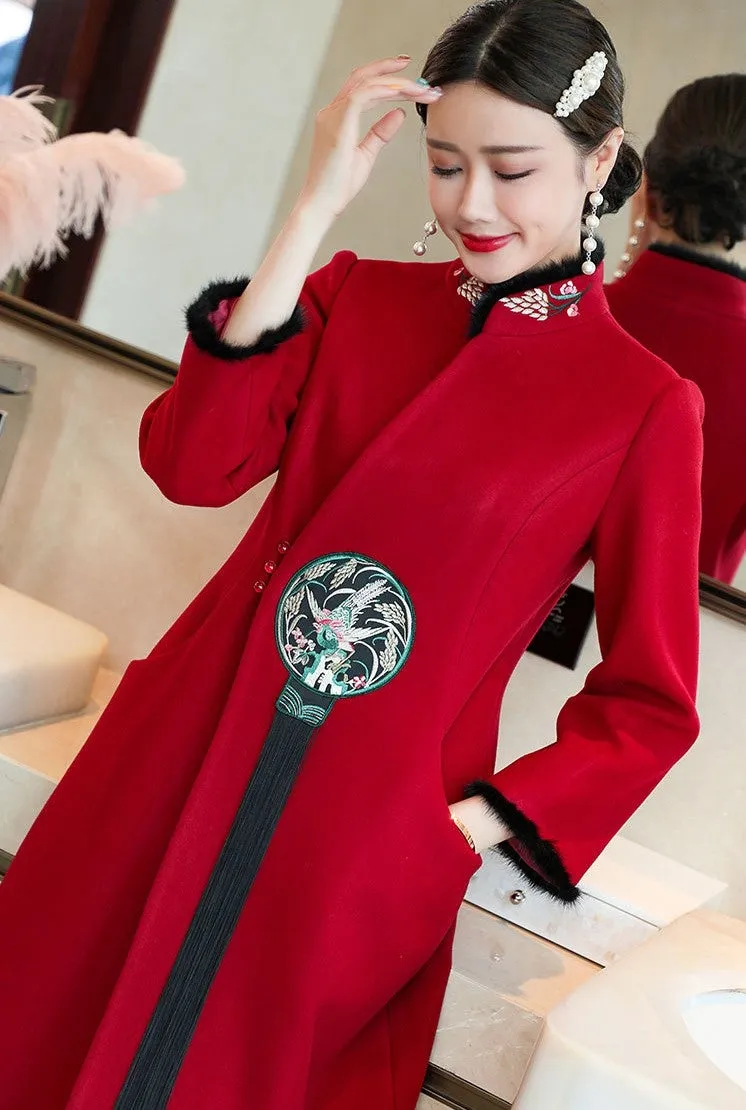 Floral Embroidery Fur Edge Chinese Style Long Woolen Wind Coat