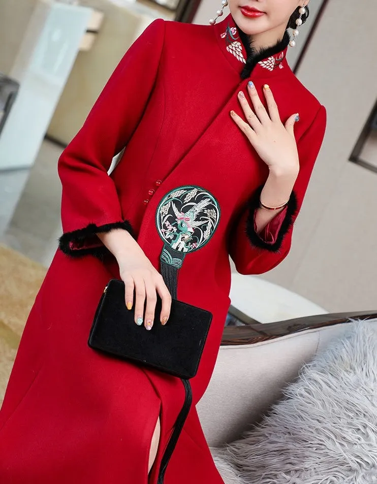 Floral Embroidery Fur Edge Chinese Style Long Woolen Wind Coat