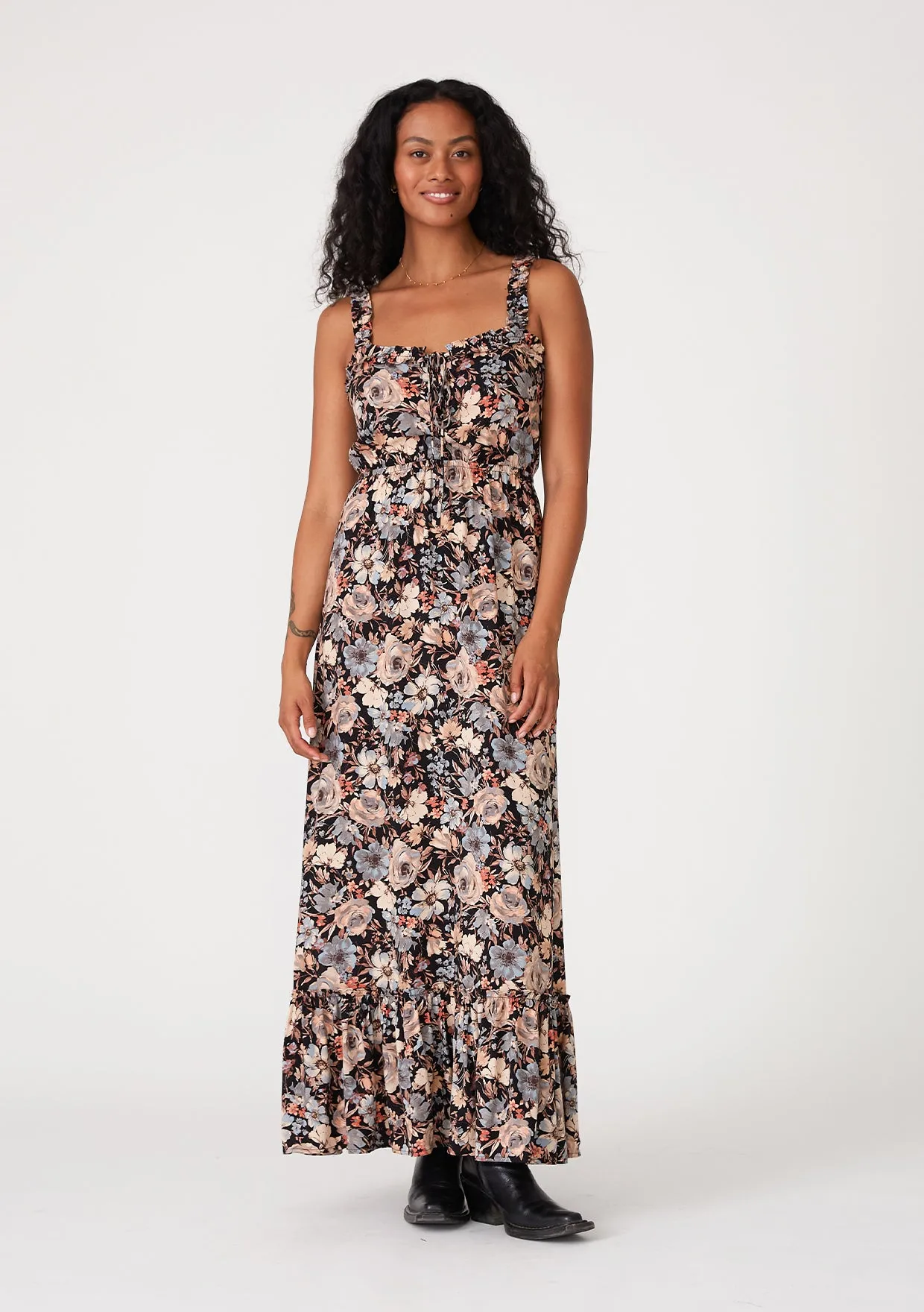 Floral Sleeveless Ruffled Neck Maxi Dress