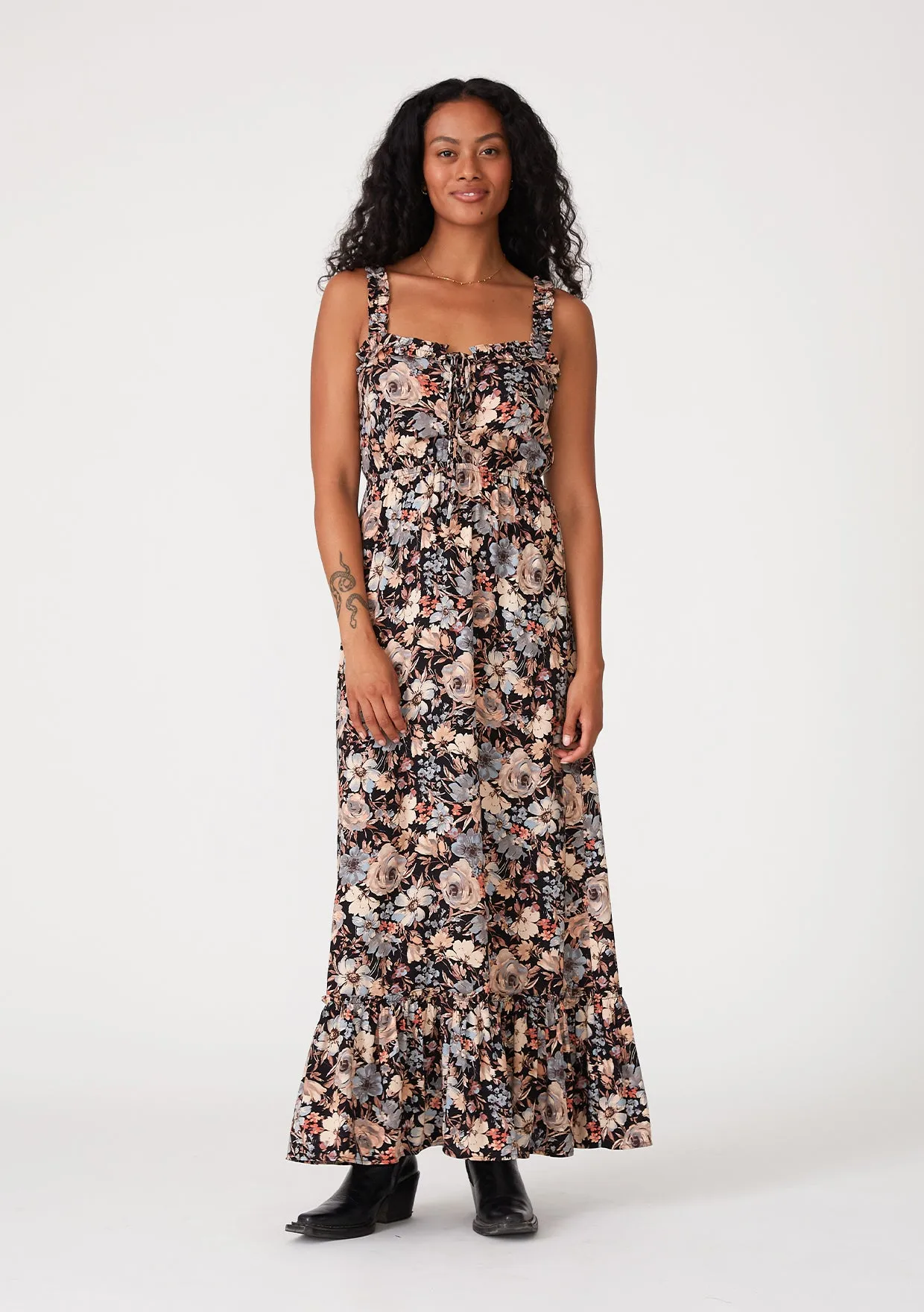 Floral Sleeveless Ruffled Neck Maxi Dress