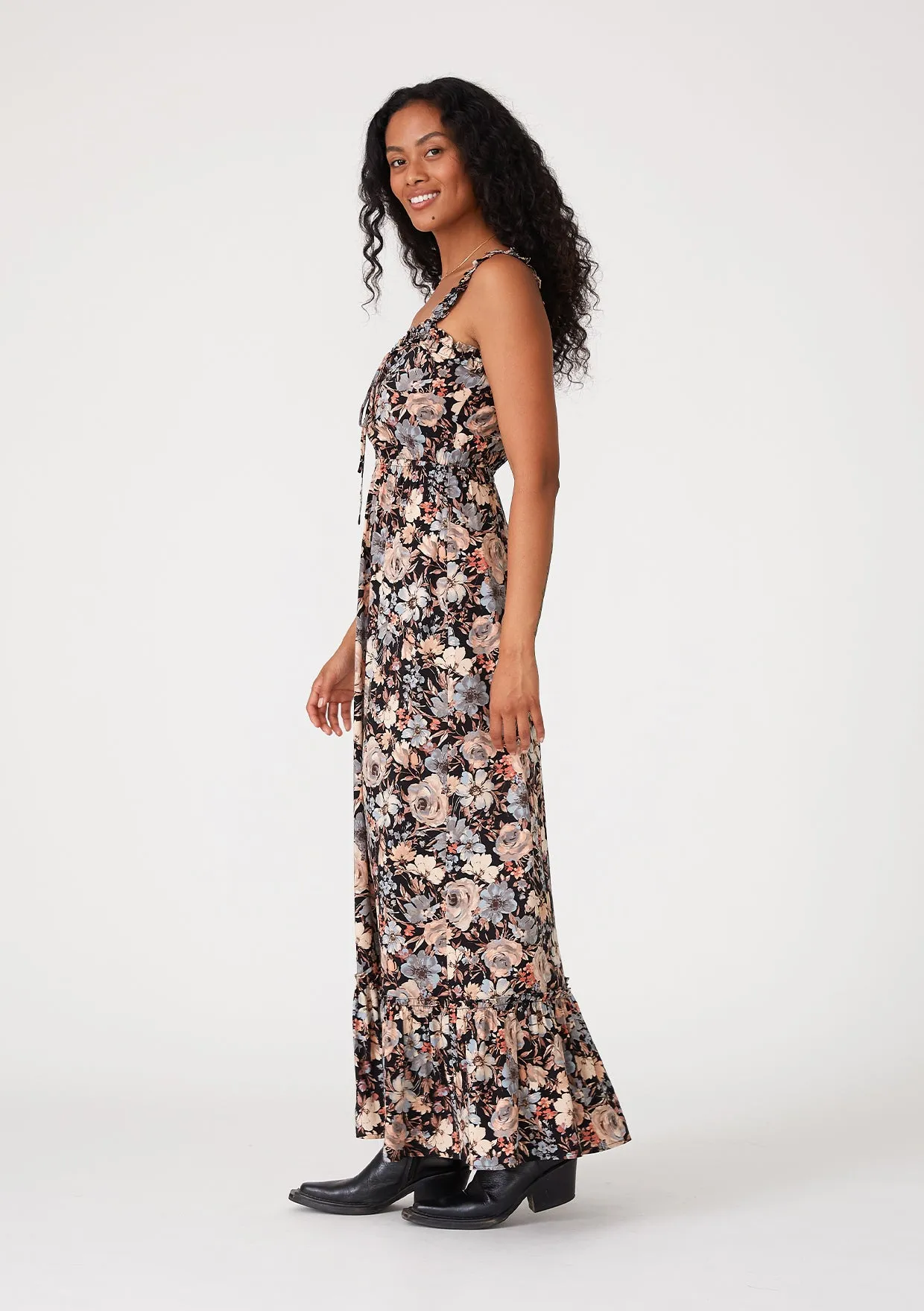 Floral Sleeveless Ruffled Neck Maxi Dress